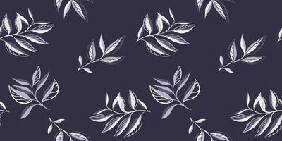 Creative minimalist seamless tropical stem leaves pattern on a dark grey background. Vector hand drawn.  Abstract botanical leaf print. Template for textile, fashion, surface design, fabric, wallpaper