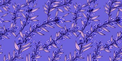 Creative vibrant branches leaves with buds flowers intertwined in a seamless pattern. Vector hand drawn sketch. Abstract art floral print on a blue background. Design for fashion, fabric, wallpaper.