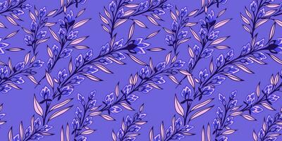 Creative vibrant branches leaves with buds flowers intertwined in a seamless pattern. Vector hand drawn sketch. Abstract art floral print on a blue background. Design for fashion, fabric, wallpaper.