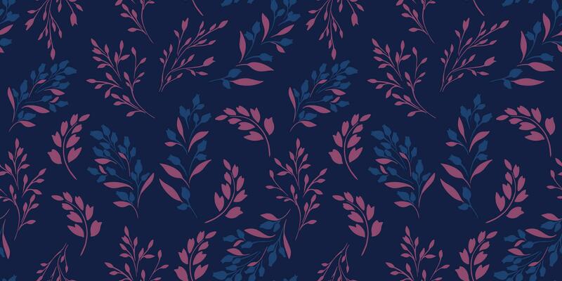 Seamless abstract creative gently floral leaf stems pattern. Vector hand drawn silhouettes shape tiny buds and branches leaves. Simple, retro, vintage black blue print. Template for design, fashion