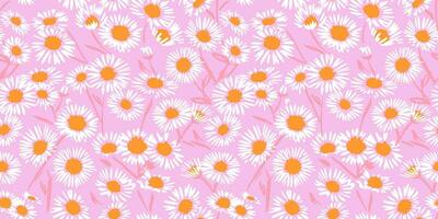 Summer seamless pattern with chamomiles floral on a pink background. Vector hand drawn sketch. Blooming meadow textured shape ditsy flowers. Design for fashion, fabric, and textile.