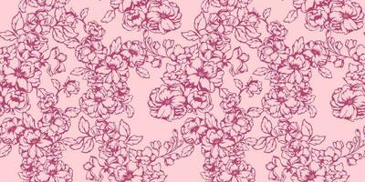 Blooming textured branches flowers with buds, leaves seamless pattern. Vector hand drawn. Pastel background with abstract artistic  graphic floral printing. Design for fashion, fabric, wallpaper.