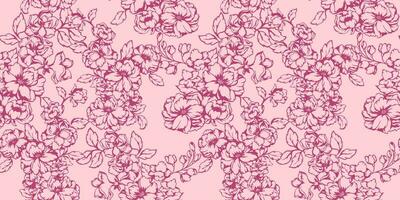 Blooming textured branches flowers with buds, leaves seamless pattern. Vector hand drawn. Pastel background with abstract artistic  graphic floral printing. Design for fashion, fabric, wallpaper.