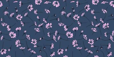 Elegance simple floral pattern on a dark blue background. Vector hand drawn sketch. Creative tiny shape wild flowers printing. Design for fashion, fabric, and textile.