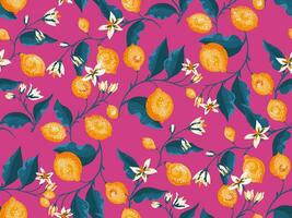 reative abstract lime and lemon branches leaves and tiny flowers seamless pattern. Colorful tropical floral and fruits illustration for print on a pink background. Vector hand drawn.