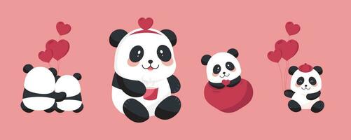 linda panda objeto conjunto con corazón para San Valentín dia.ilustracion vector para postal,icono,pegatina