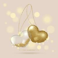 Valentines Day Elegant Card with Transparent and Golden Glass Hearts on a thread. Vector illustration in a 3D style