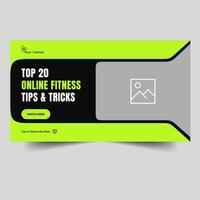Trendy fitness video thumbnail banner design, everyday exercise tips and tricks video cover banner design, vector eps 10 file format