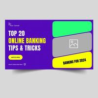 Online banking techniques video thumbnail banner design, finance tips and tricks video cover banner design, editable vector eps 10 file format