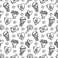 The love theme doodle style seamless pattern in black and white, Valentines Day hand-drawn icons with a simple engraving retro effect. Romantic mood, cute symbols and elements backgrounds collection. vector