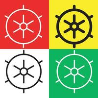 Ship wheel Vector Icon, Outline style icon, from Adventure icons collection, isolated on Red, Yellow, White and Green Background.