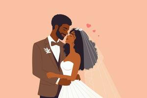 africano americano novia y novio son besos, marido y esposa en Boda atuendo en Boda dia,concepto de Pareja casado para enamorado, amor día, o celebracion de amor, vector amante ilustraciones.