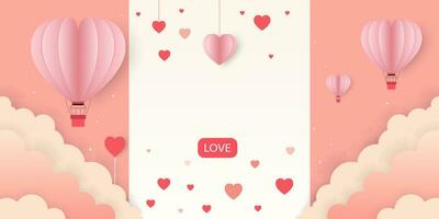 pink background with red hearts, clouds, hot air balloons, heart balloons and paper hearts ,For Valentine's Day sales banners,posters or valentine card,Love background,Vector illustration vector