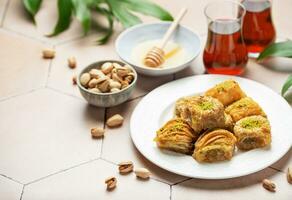 Assortment of Turkish baklava dessert photo