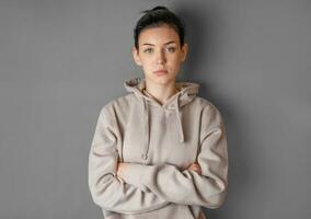 Pensive thoughtful young girl wearing sweatshirt with hood photo