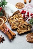 Christmas stollen with winter holidays decoration photo