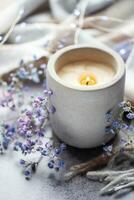 Candle and a branch of gypsophila flowers photo
