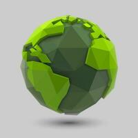 Geometric, eco-friendly globe vector design. Illustration of green polygonal land map illustration, symbol of balance and sustainability. Low-poly representation of planet earth.