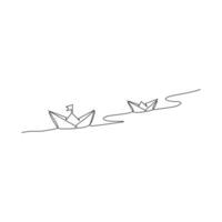 Continuous one-line paper boat vector drawing on water, outline-style single-line illustration art