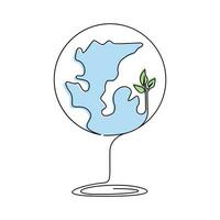 Continuous one-line earth globe vector art drawing and outline Earth Day single-line illustration