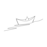 Continuous one-line paper boat vector drawing on water, outline-style single-line illustration art