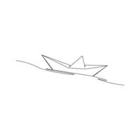 Continuous one-line paper boat vector drawing on water, outline-style single-line illustration art