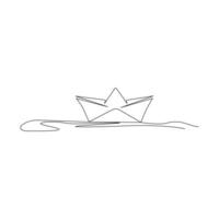 Continuous one-line paper boat vector drawing on water, outline-style single-line illustration art