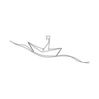 Continuous one-line paper boat vector drawing on water, outline-style single-line illustration art