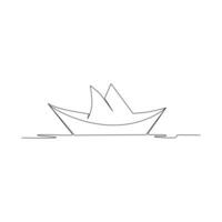 Continuous one-line paper boat vector drawing on water, outline-style single-line illustration art