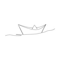 Continuous one-line paper boat vector drawing on water, outline-style single-line illustration art