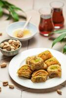 Assortment of Turkish baklava dessert photo