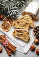 Christmas stollen with winter holidays decoration photo