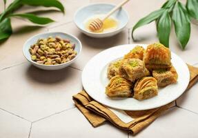 Assortment of Turkish baklava dessert photo