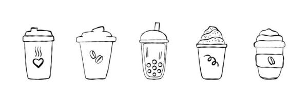 Set coffee take away doodle line style sketch. In paper mug, glass. Doodle vector illustrations isolated on white background.  Coffee  beverage take away.  Espresso, americano, cappuccino, latte.