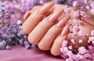 Female hands with pink nail design  hold gypsophila flowers. photo