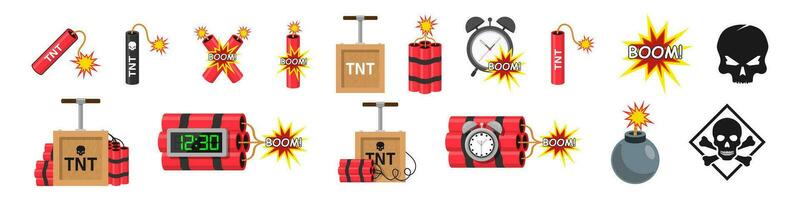 TNT dinamita. dibujos animados bomba con ardiente mecha y explosivo detonador, rojo palo minería explosión cargar, destruir petardo fusible ardiente cable vector ilustración