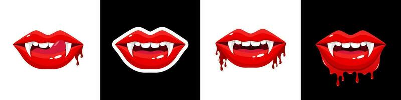 conjunto boca con un lengua lame dientes vampiro boca abierto hembra rojo labios con largo puntiagudo canino dientes y sangre ilustración vector sangriento vampiro labios