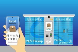 automatizado paquete o empaquetar armario con autoservicio terminal monitor y buzón células - moderno método de entrega. vector ilustración