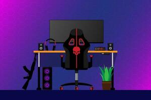 Gaming computer on desk in video gamer room vector illustration