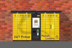 Automated parcel locker with self-service terminal display and mailbox cells - modern method of delivery. Vector illustration