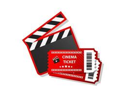 Two cinema tickets and clapper isolated on white background. Realistic icon front view illustration vector