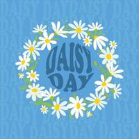 National Chamomile Day. Round groovy letters SV in a wreath of daisy flowers on a blue text background. Trendy groovy design for posters, cards vector