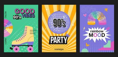 Set of retro posters. Back to the 90s, nostalgic party, vibes, mood. Vector design for brochure, post, postcard for event