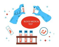 Blood medical test background in flat style. Vector illustration isolated. Vector included hands. blood tubes and other elements.