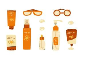 set of cosmetic products for sun protection in flat style. Vector illustration isolated, Set included cream, serum, spray, eyeglasses, stick, lotion.