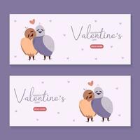 Set of hand draw banners with two bird and hearts for Valentine's day. Happy Valentine's day and button read more. Peach fuzz, red, purple brow and pink colors.Cartoon style. Web vector illustration