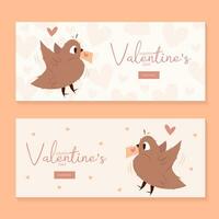 Set of hand draw banners with flying bird, envelope hearts for Valentine's day. Happy Valentine's day and button read more. Peach fuzz, red, brow and pink colors.Cartoon style. Web vector illustration