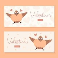 conjunto de mano dibujar pancartas con volador pájaro y corazones para San Valentín día. contento San Valentín día y botón leer más. melocotón pelusa, rojo, frente y rosado colores.dibujos animados estilo. web vector ilustración