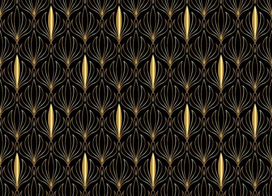 Gold Floral seamless pattern. Luxury retro stylish geometric background with Art Nouveau tiles. Vector geometric decorative leaves texture isolated on black background abstract golden art deco style