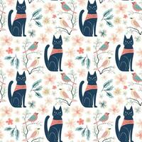 Vector seamless pattern with cats and birds. Spring backgrounds in folk style. Floral wallpaper